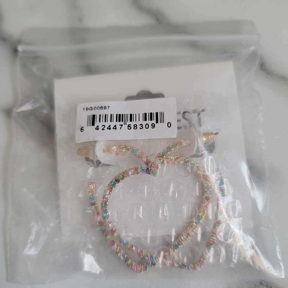 Nine West Multi Colored Post Pave Heart Hoop Earring in Gold Nickel Safe - Picture 2 of 3